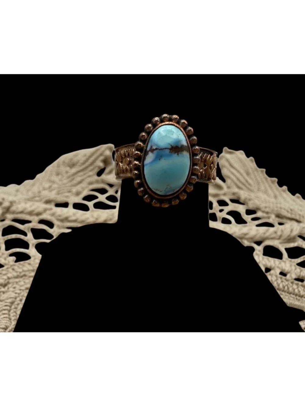 Artisan crafted Golden Hills Turquoise Copper Ring Etched Band Adj Southwest 5g